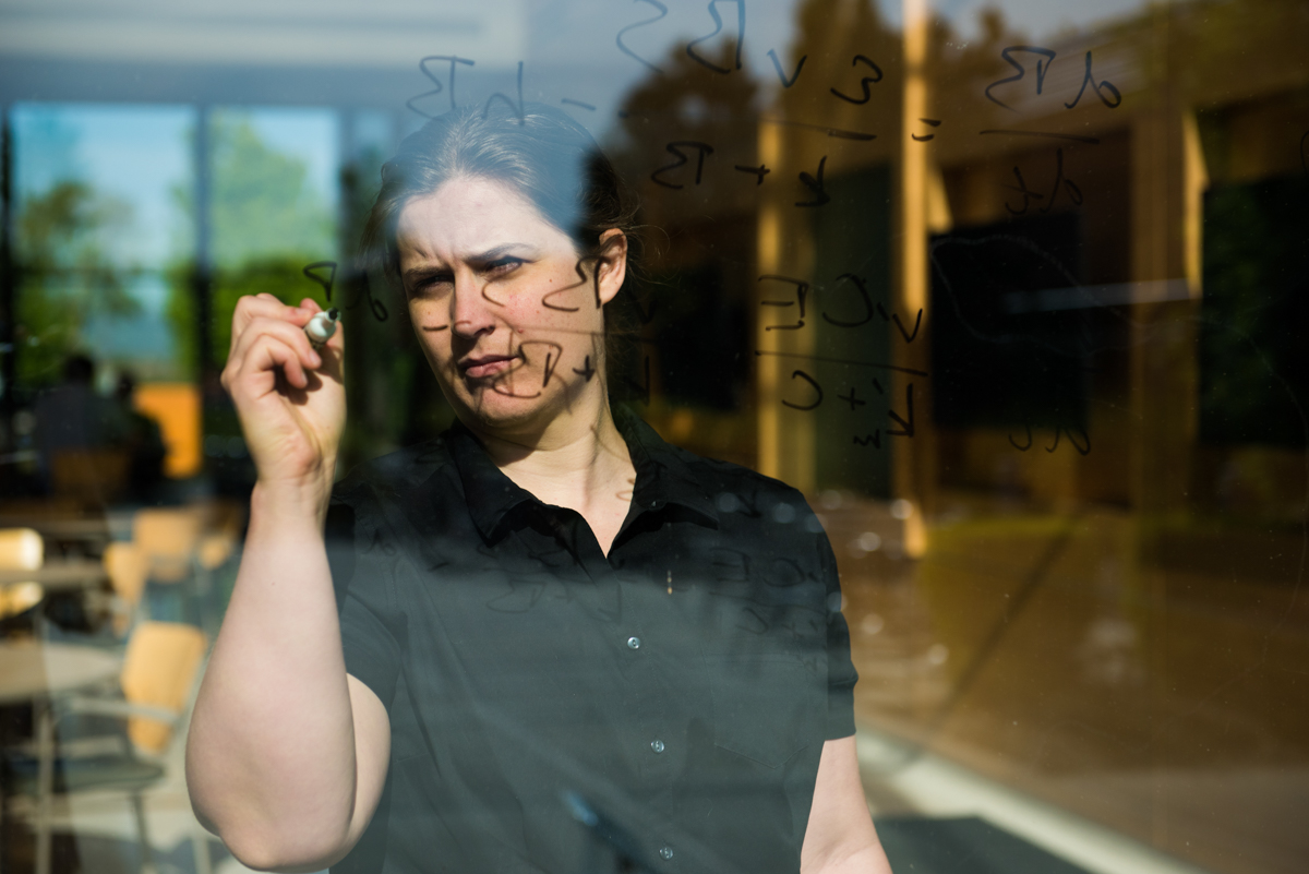 Dr. Todd-Brown writing a diagram on a window.